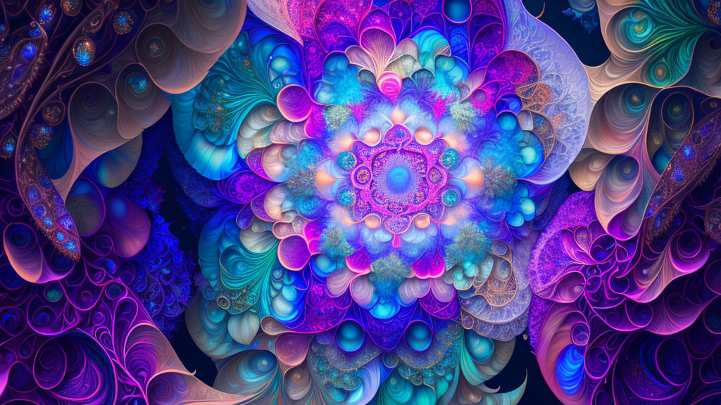 Colorful fractal image with intricate patterns and swirling shapes