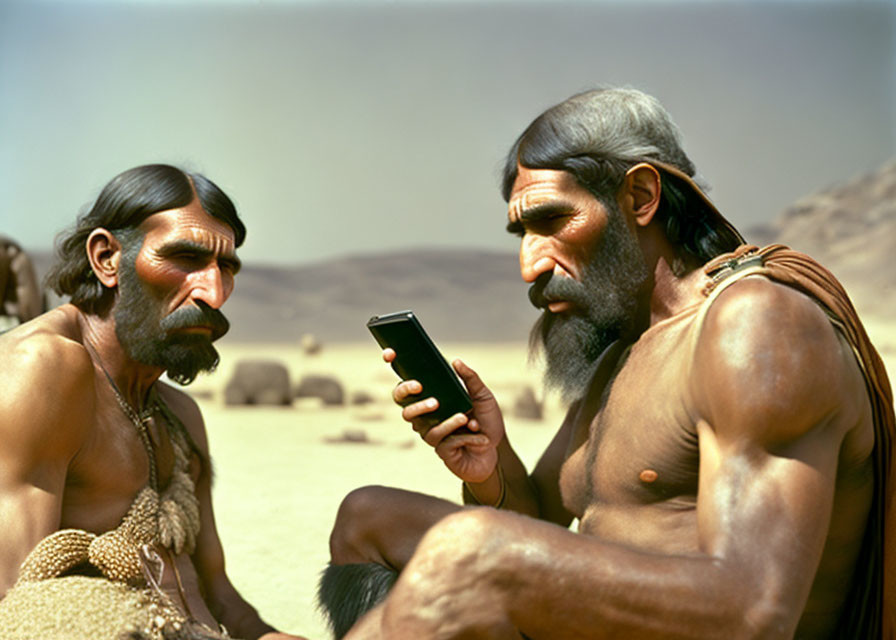 Two men in prehistoric attire examining a smartphone in desert landscape