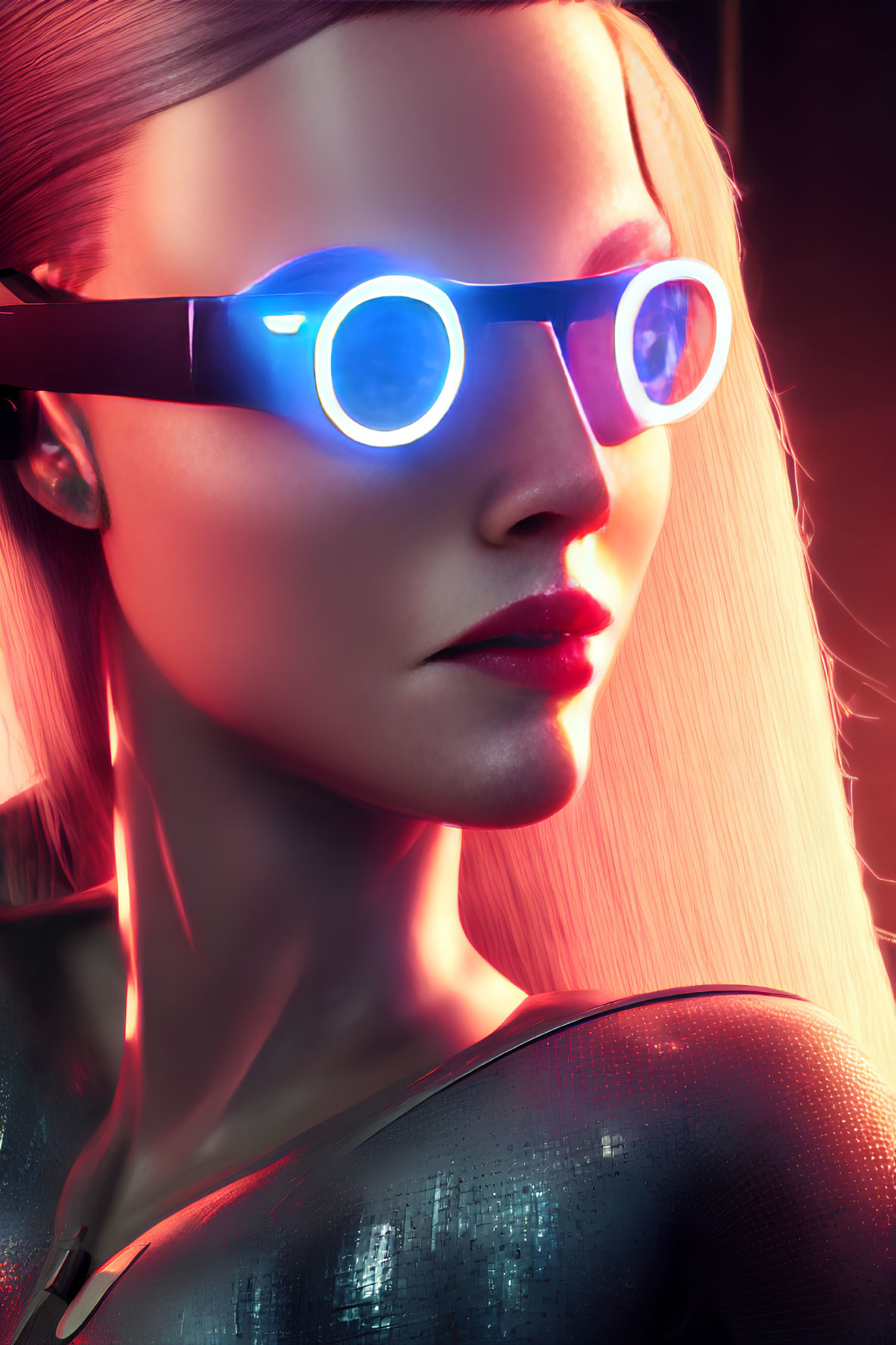 Blonde woman with blue circular glasses in futuristic setting