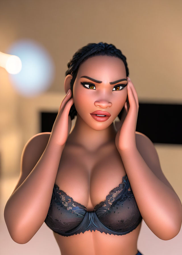 3D-rendered female figure in black lingerie with braided hair and contemplative expression