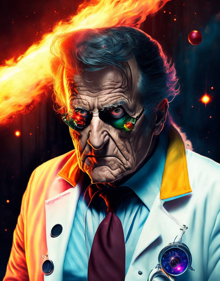 Man with cosmic fire hair and starry eyes in lab coat and tie.