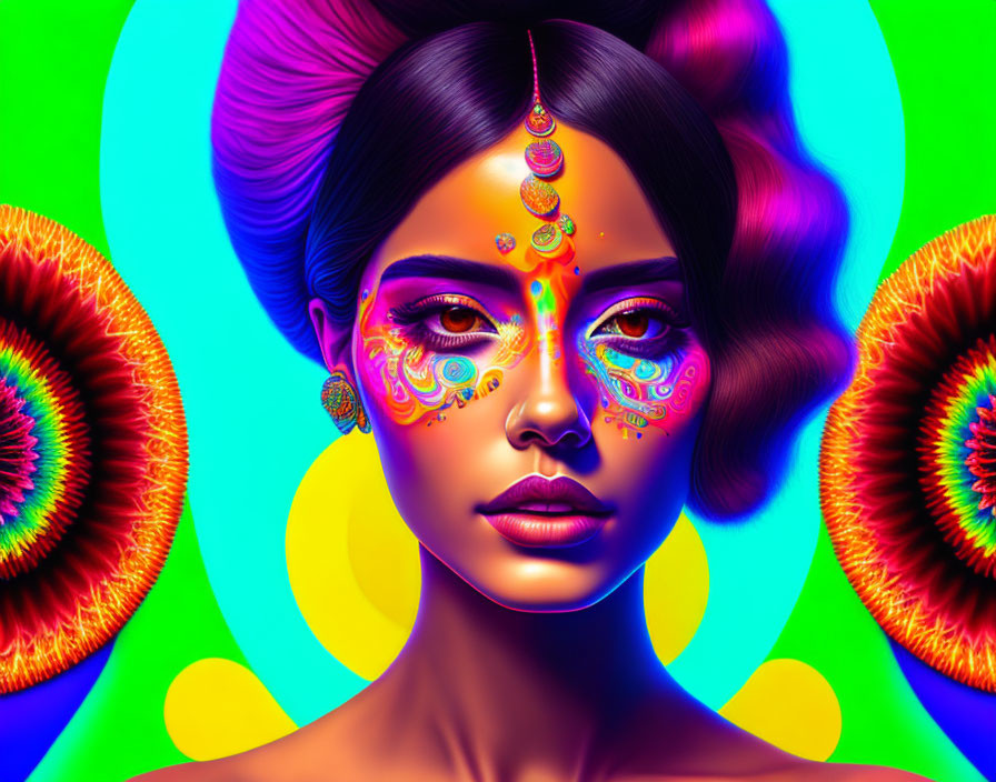 Colorful woman with face paint and jewelry on psychedelic background.