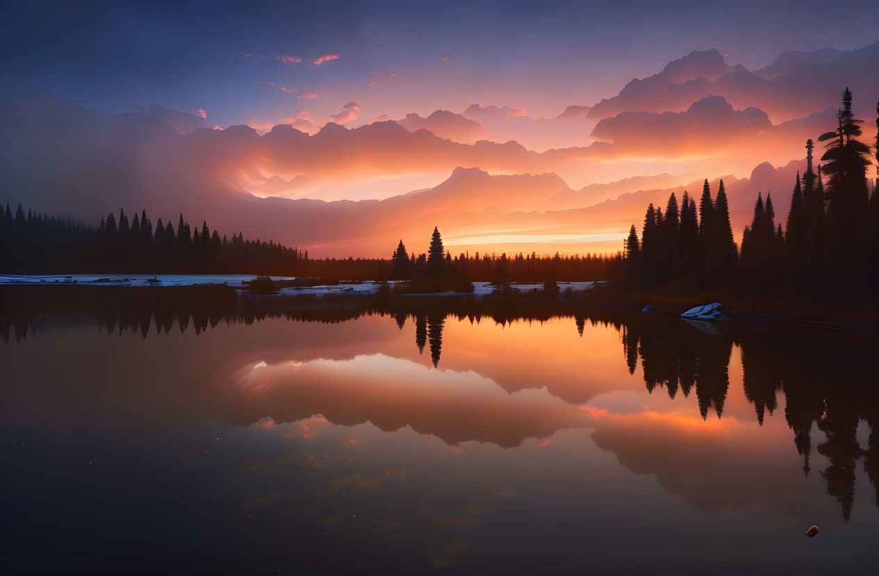 Tranquil Sunset Scene Over Calm Lake and Silhouetted Mountains