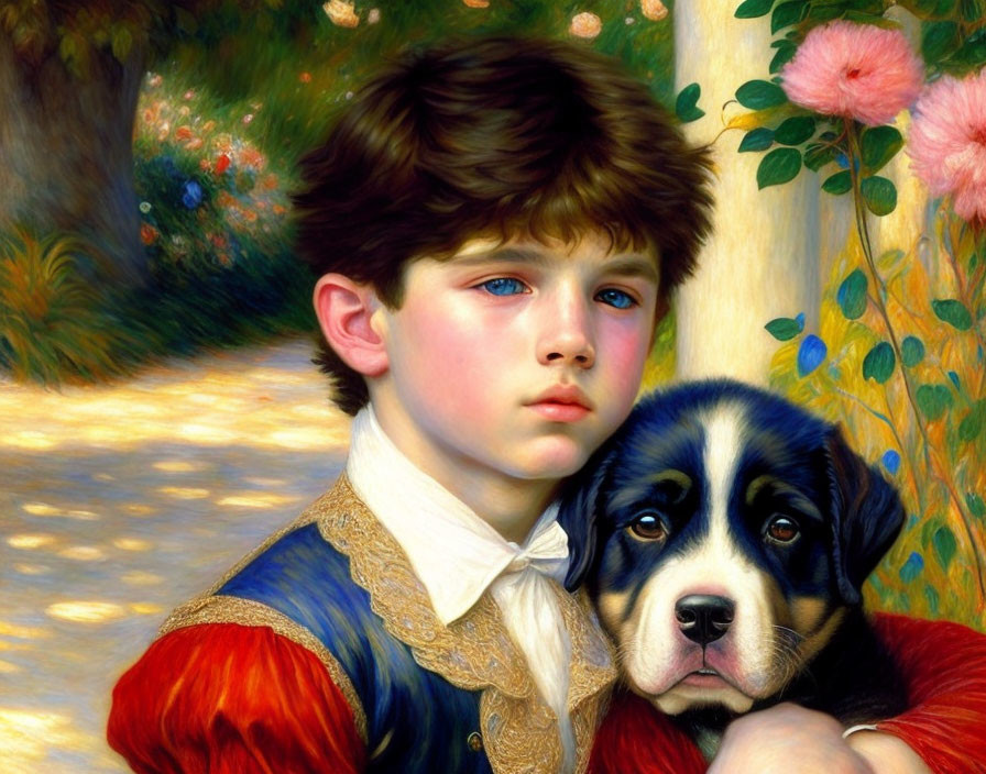 Portrait of young boy with blue eyes and brown hair embracing black and white puppy