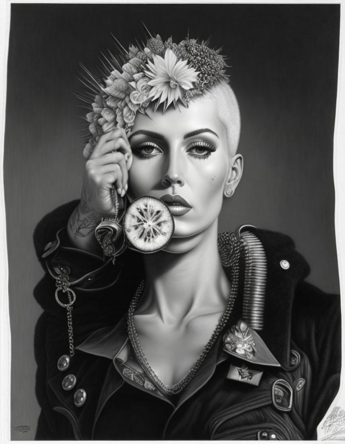 Stylized monochrome artwork of woman with floral hair decor and striking makeup