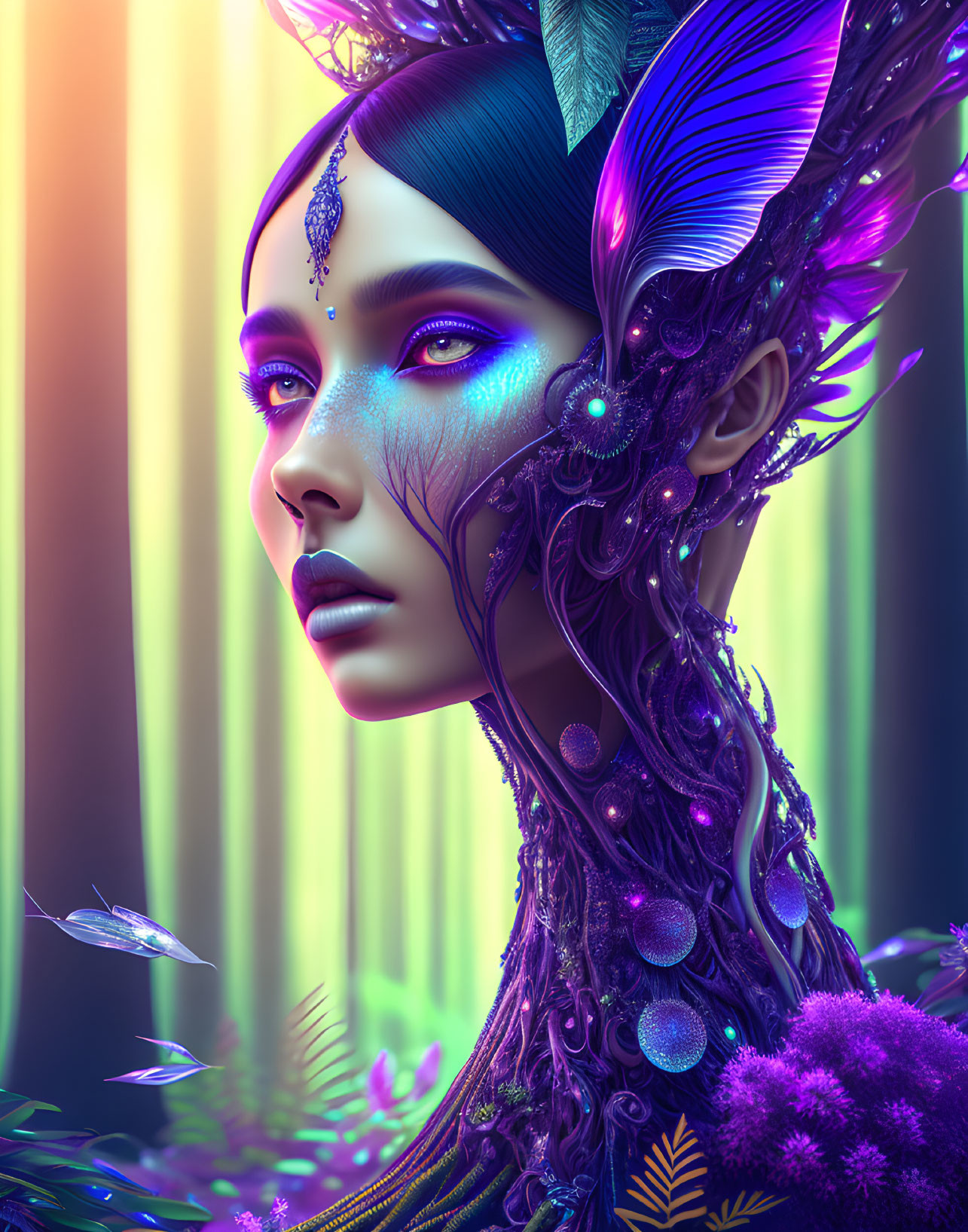 Fantasy portrait of a woman with purple skin and elaborate feather headdress