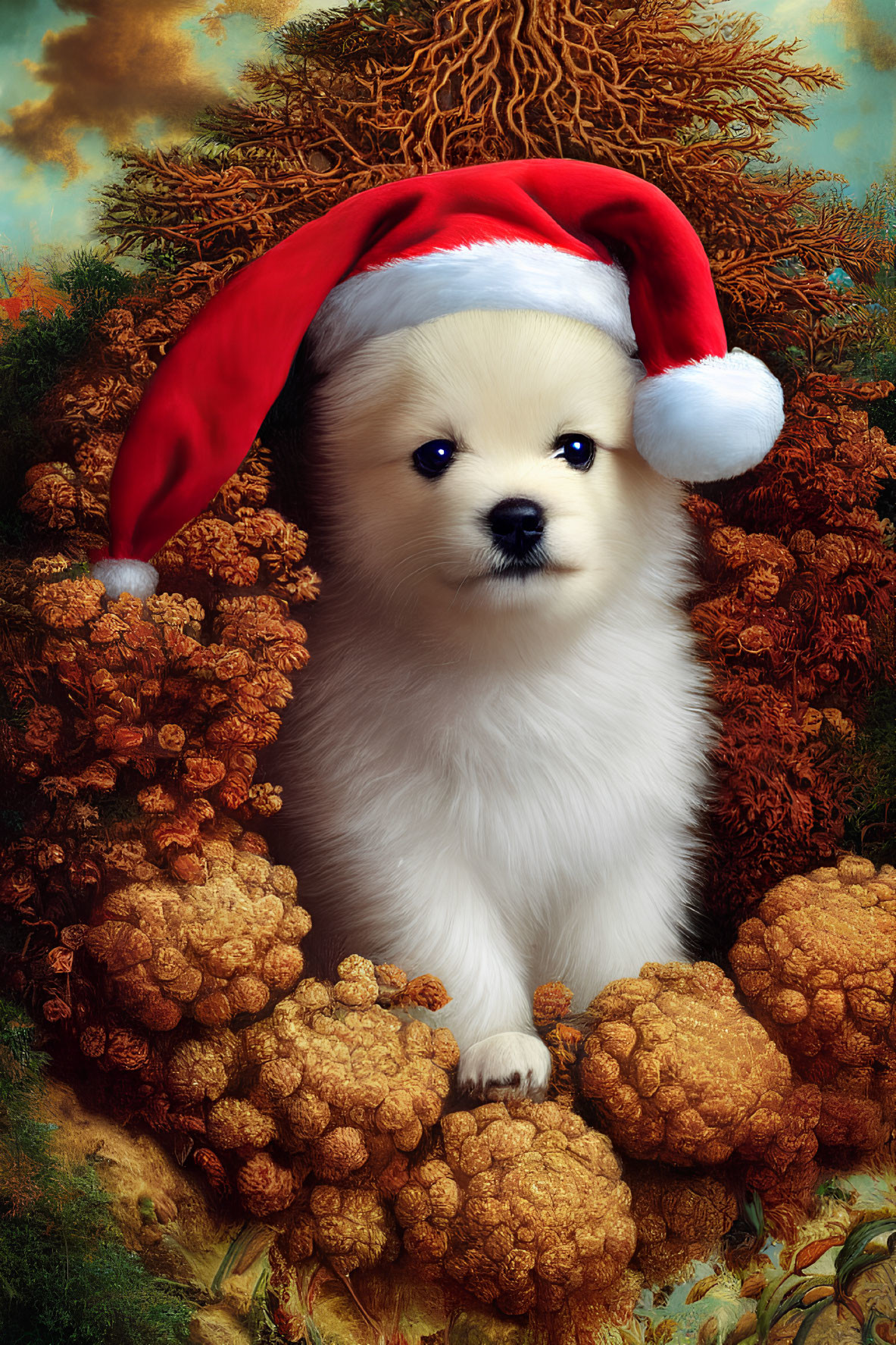 Cream-Colored Puppy in Santa Hat Among Autumn Foliage