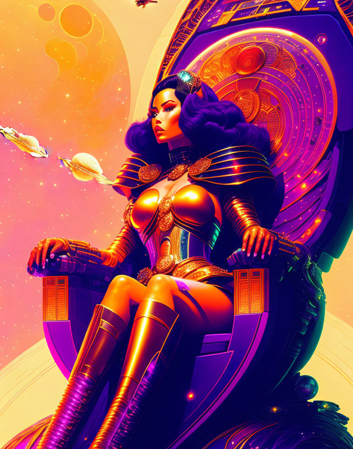 Regal woman in futuristic sci-fi armor and headdress against celestial backdrop