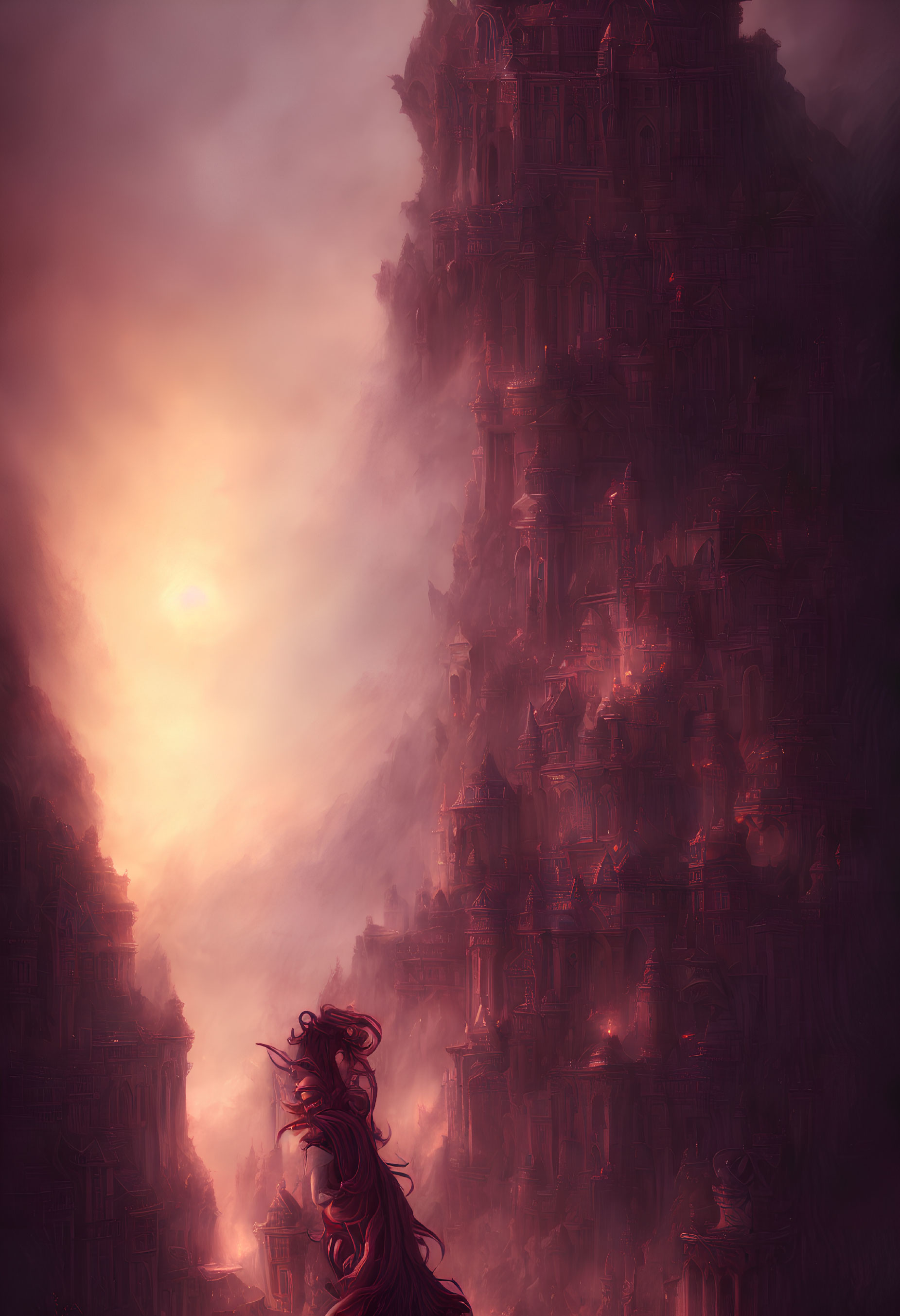 Gothic structure in mist with lone figure and glowing light