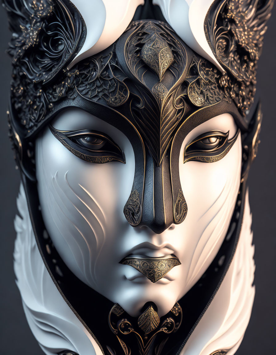 Intricate Black and White Venetian Mask with Gold Detailing