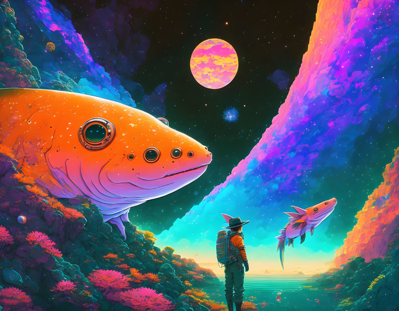 Colorful digital painting of a person in spacesuit on alien planet with floating fish