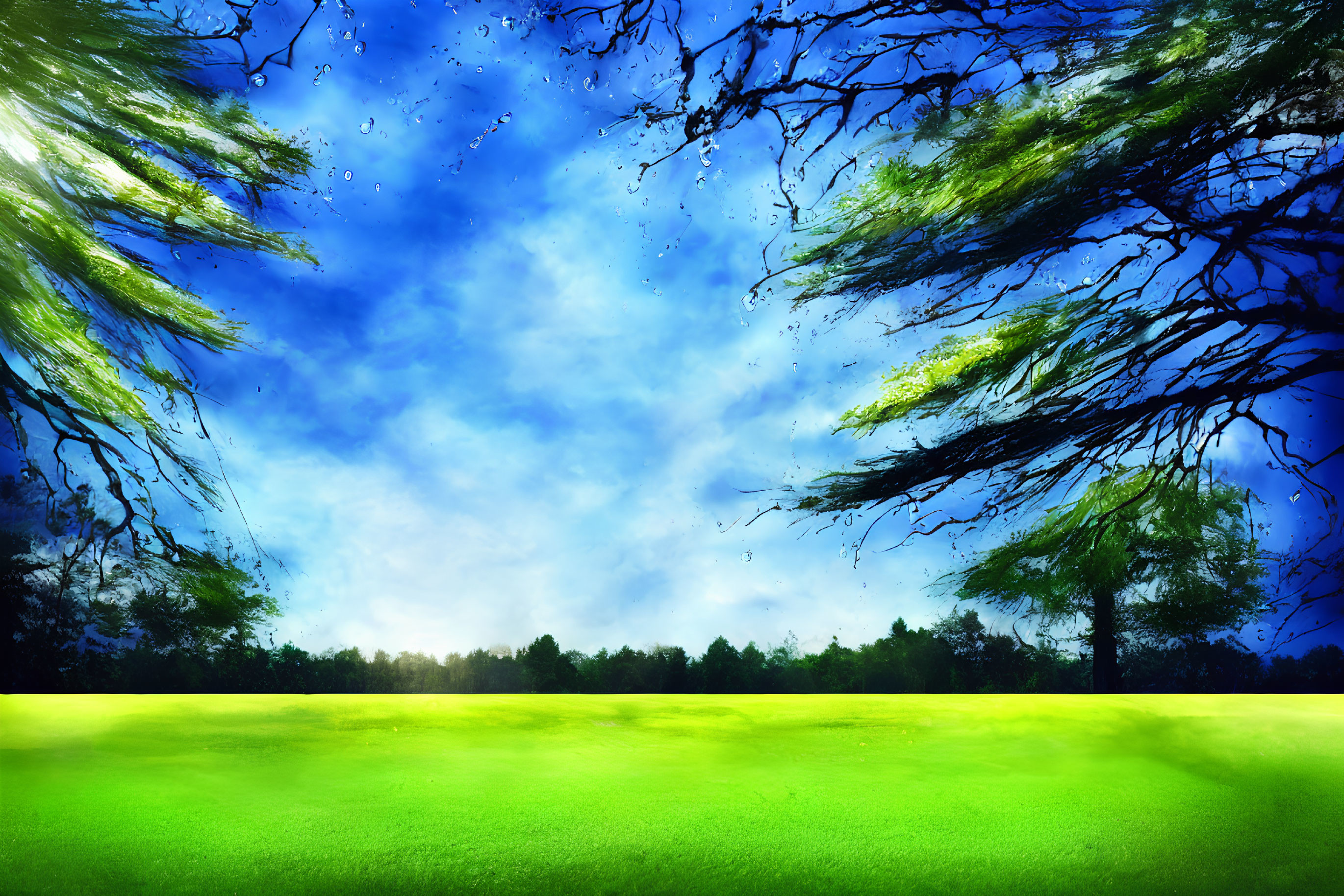 Lush green field under dynamic blue sky with swaying tree branches