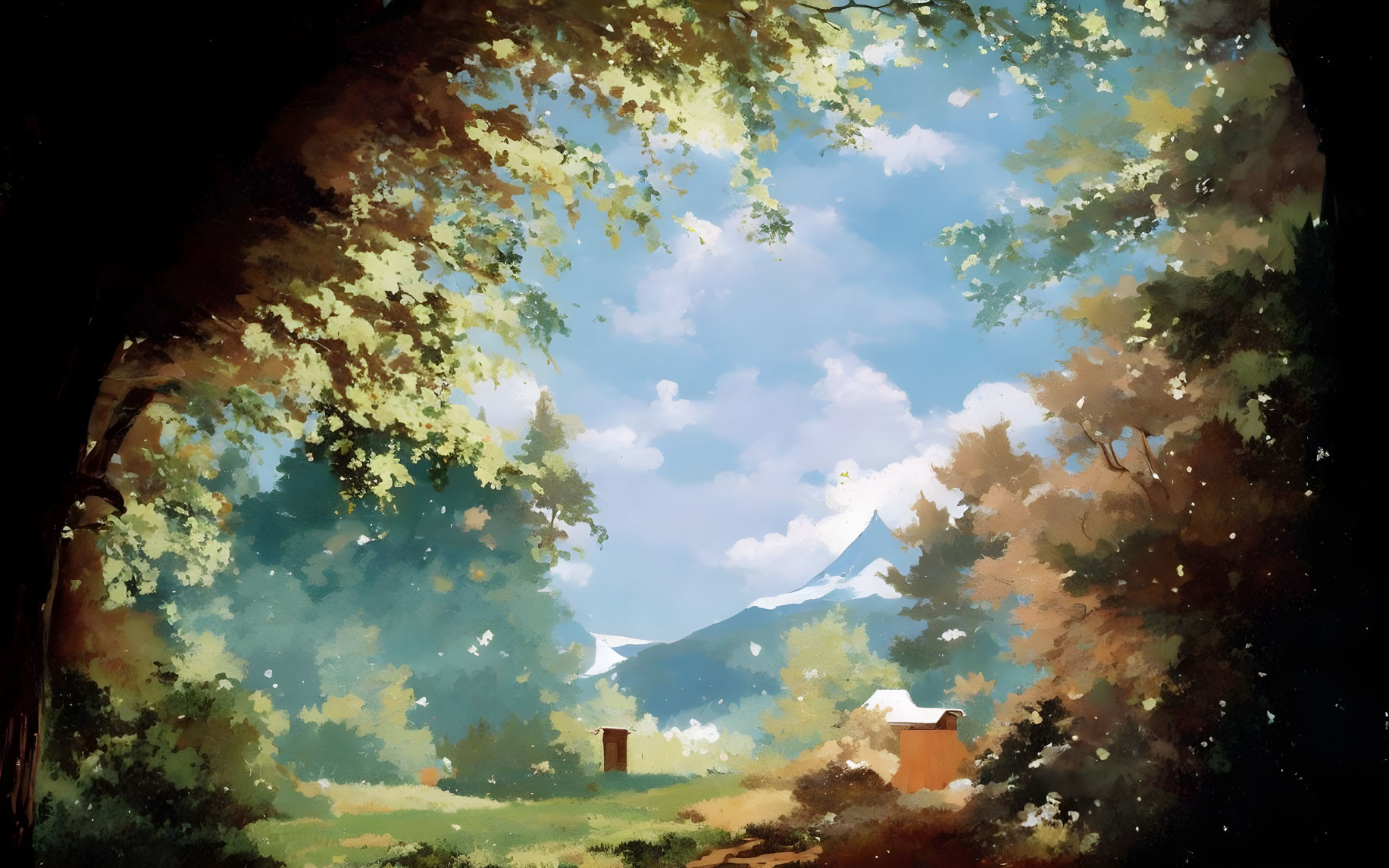 Vibrant painterly landscape with sunlit clearing, trees, and distant mountains