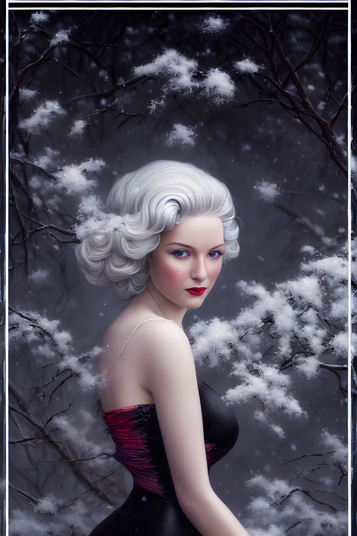 Stylized woman with white hair in red dress against snowy background