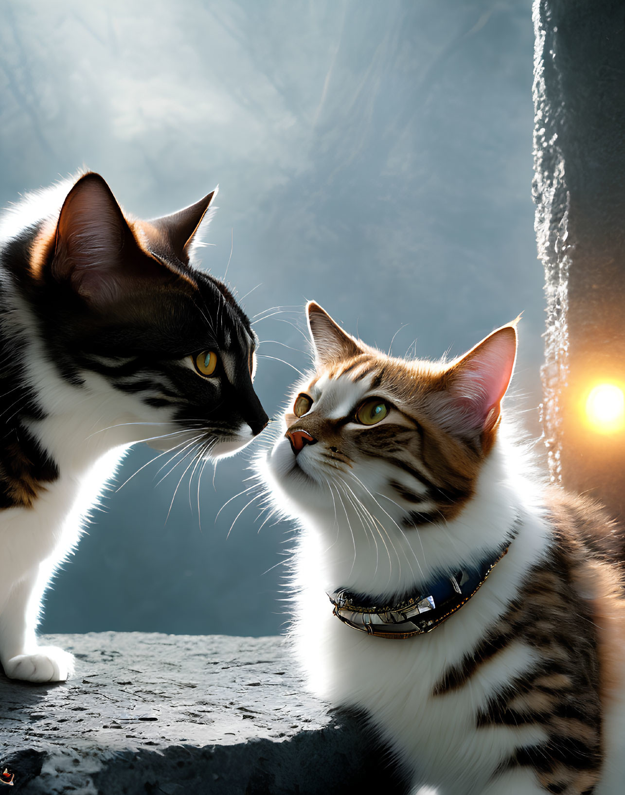 Two cats with striking patterns in dramatic lighting