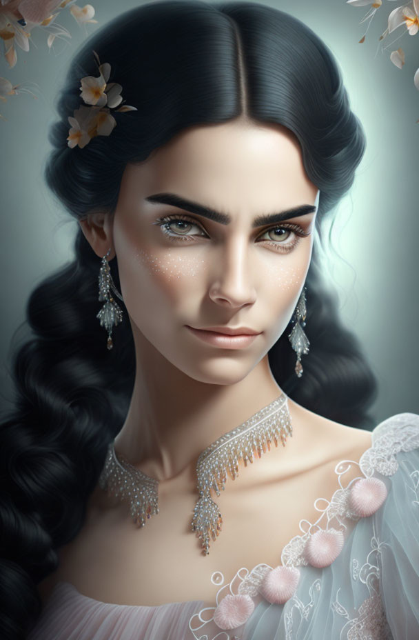 Illustration: Woman with dark hair, intense eyes, floral adornments, and delicate jewelry embodying