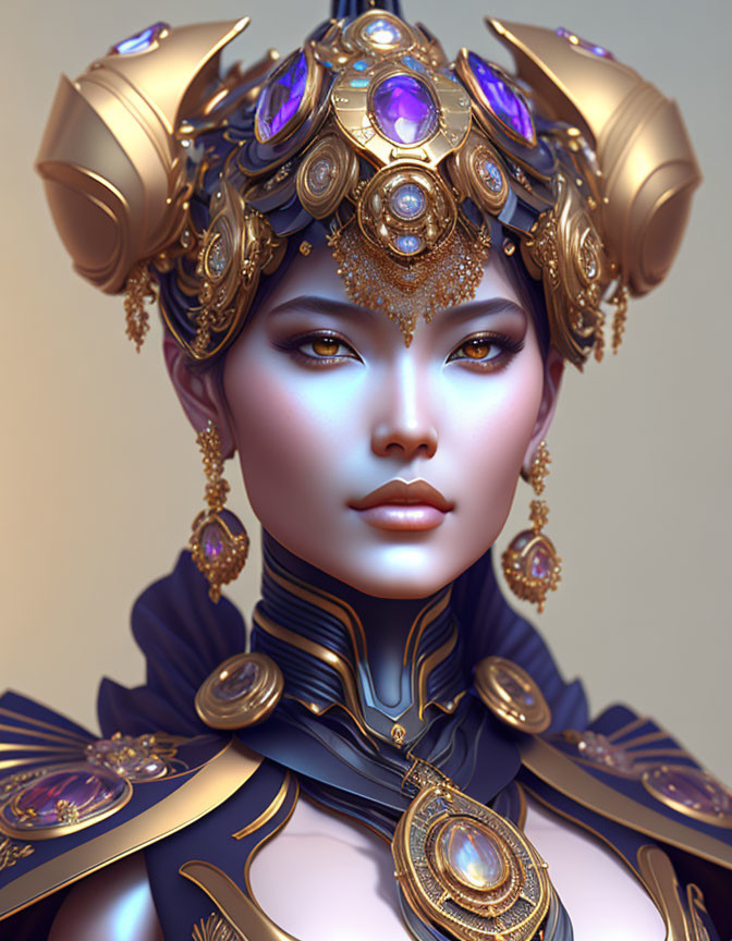Digital art portrait of a woman in ornate gold and purple headdress, golden jewelry, blue and