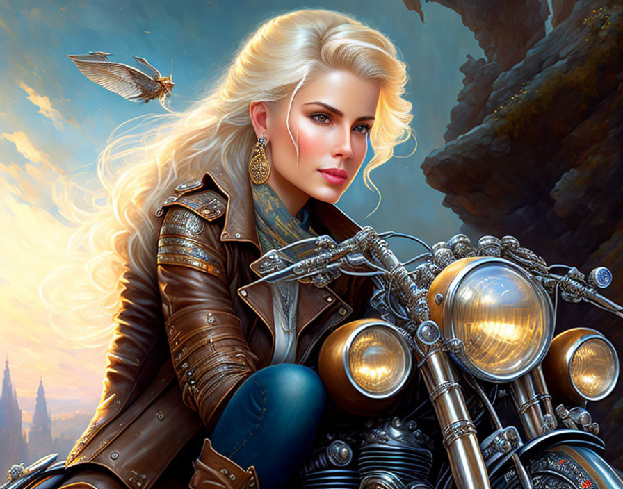 Blonde woman in leather on motorcycle with castle and bird landscape