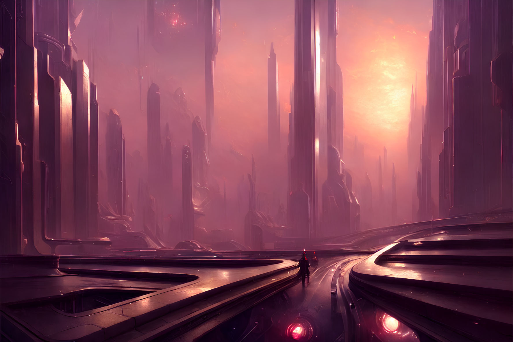 Futuristic cityscape with pink skyscrapers and lone figure