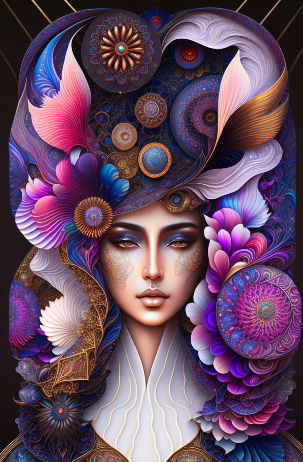 Vibrant artwork of woman adorned with floral motifs in rich colors