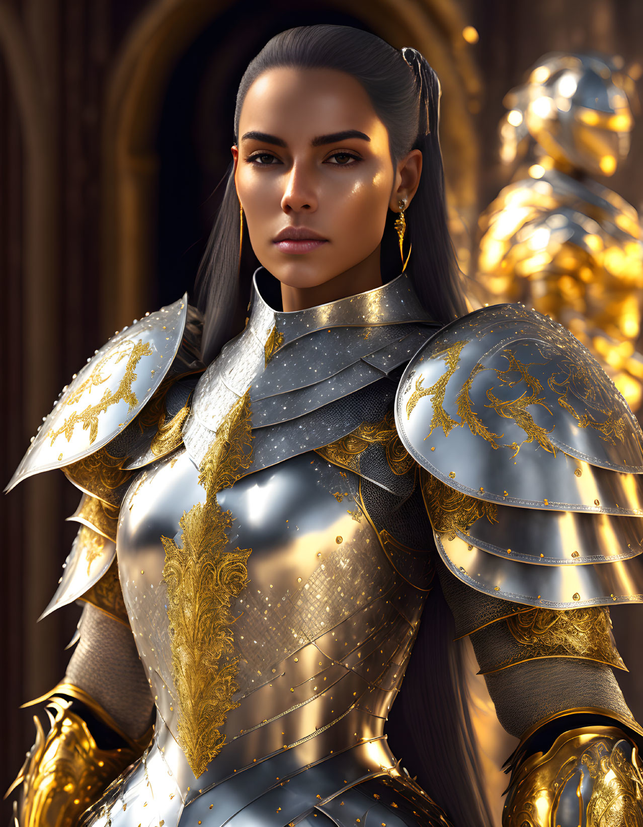 Woman in silver and gold armor with sleek hair next to ornate knight statue