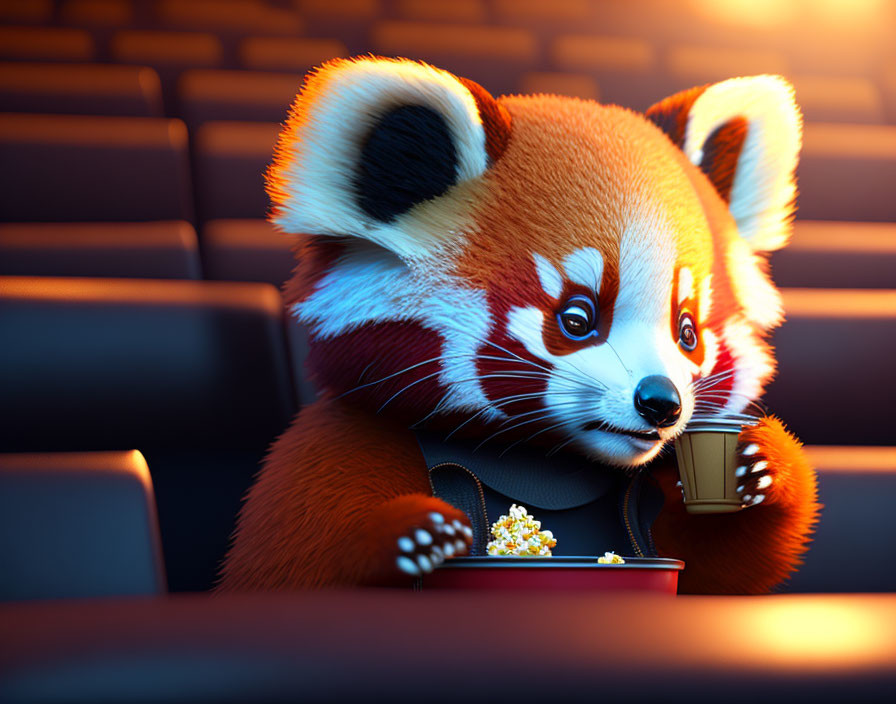 Animated red panda in movie theater with drink and popcorn
