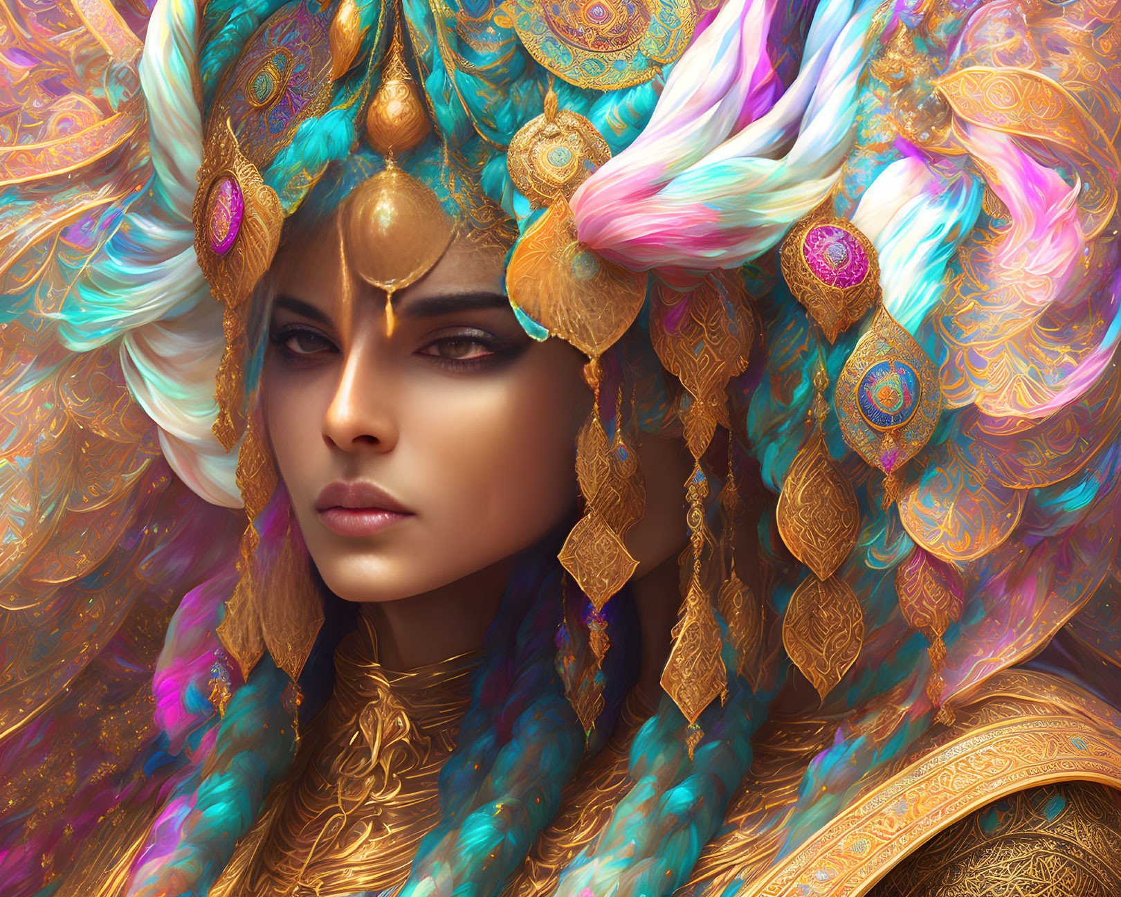 Digital Artwork: Woman with Golden Headdress and Turquoise Feathers