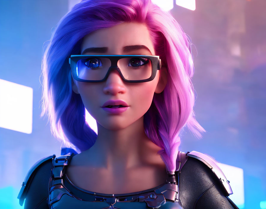 Purple-haired female character in glasses against futuristic urban backdrop.