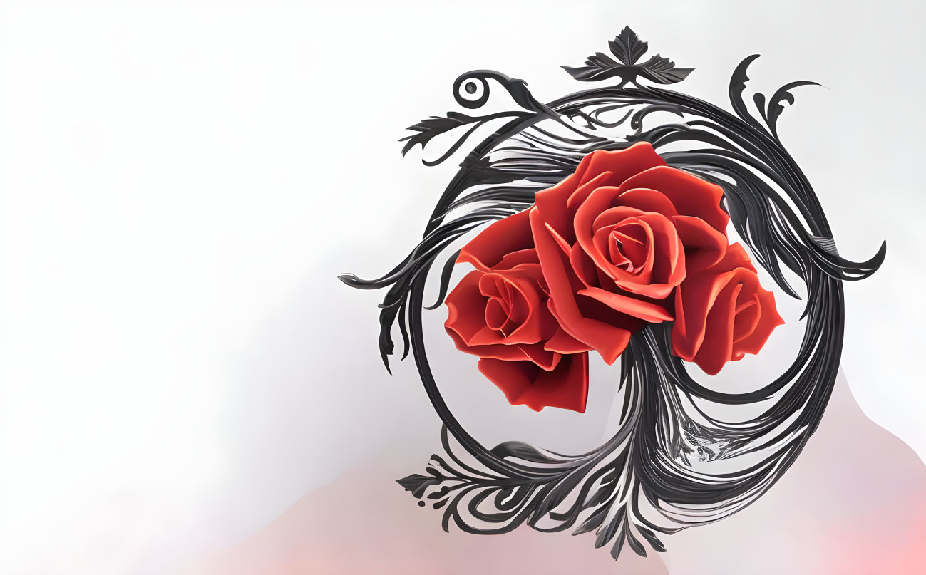 Red Roses in Black Floral Design on White Background