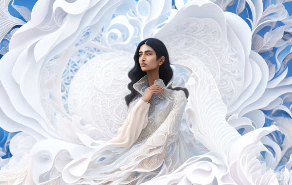 Woman in White Surrounded by Intricate Swirling Patterns