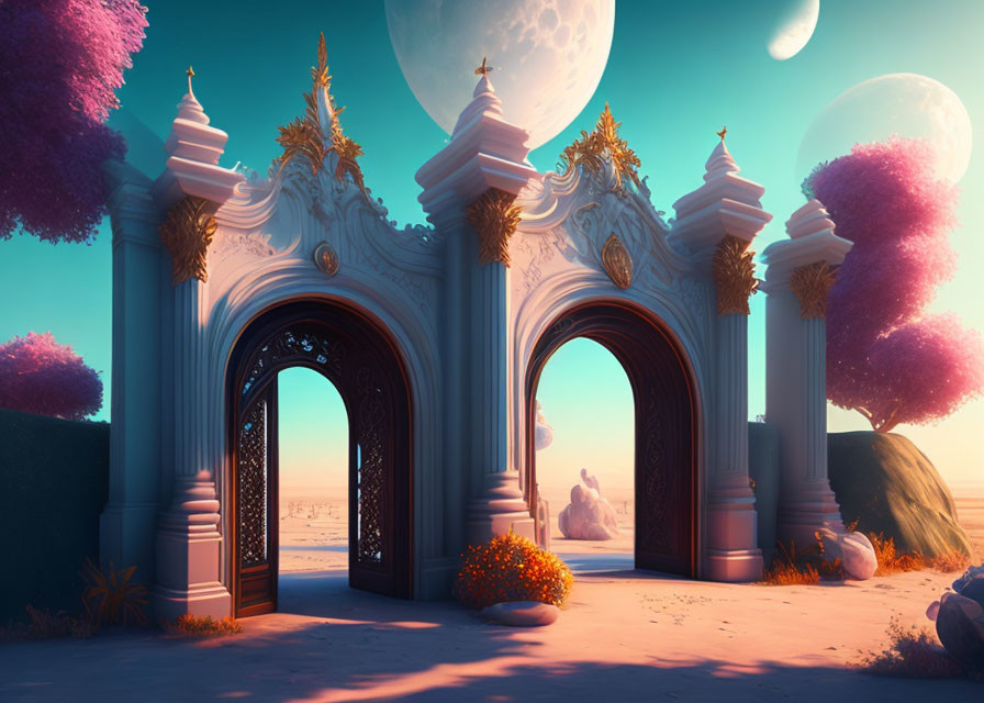 Fantastical scene with ornate archways and vibrant pink foliage under alien skies