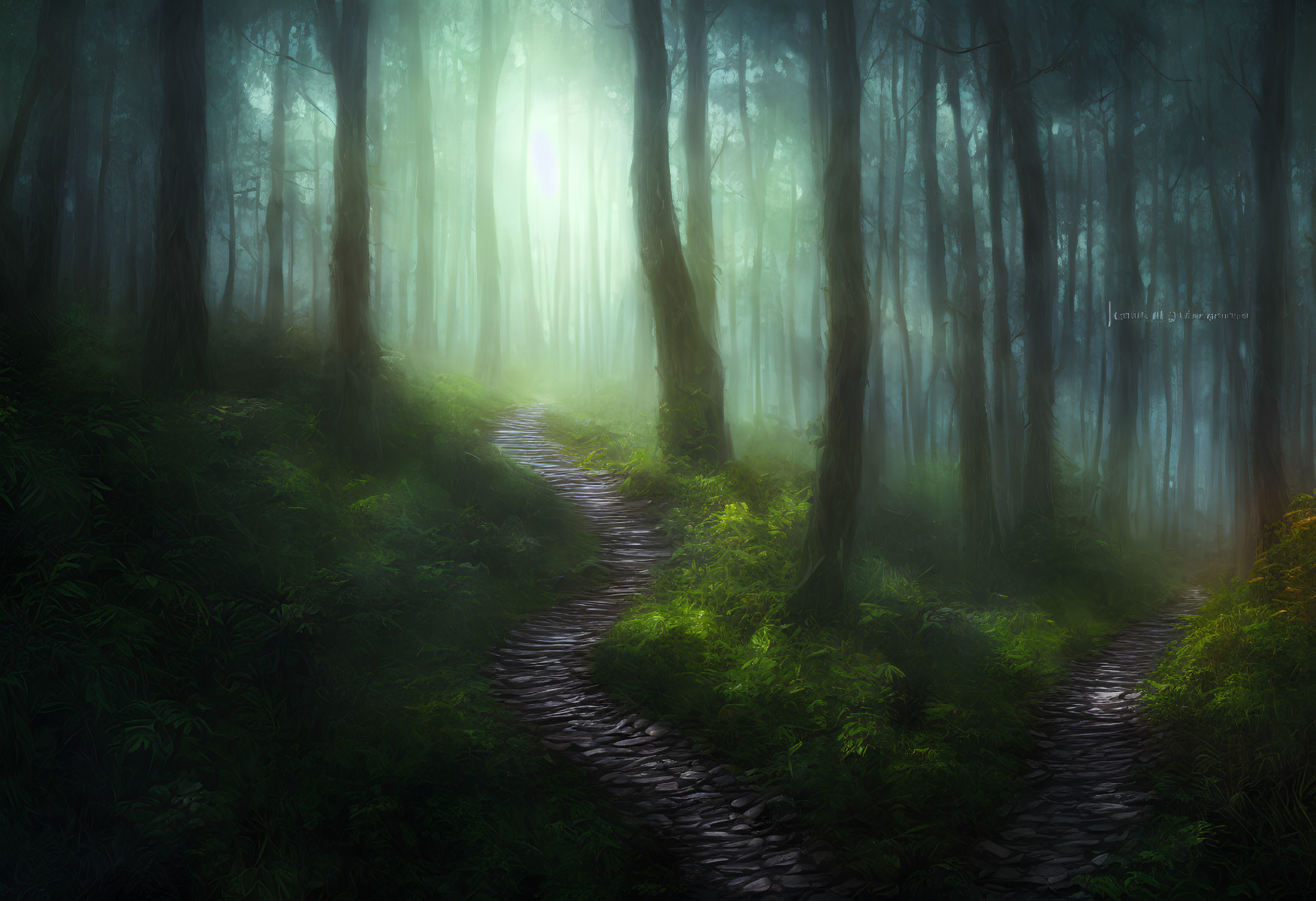 Misty sunlit forest with winding cobblestone path