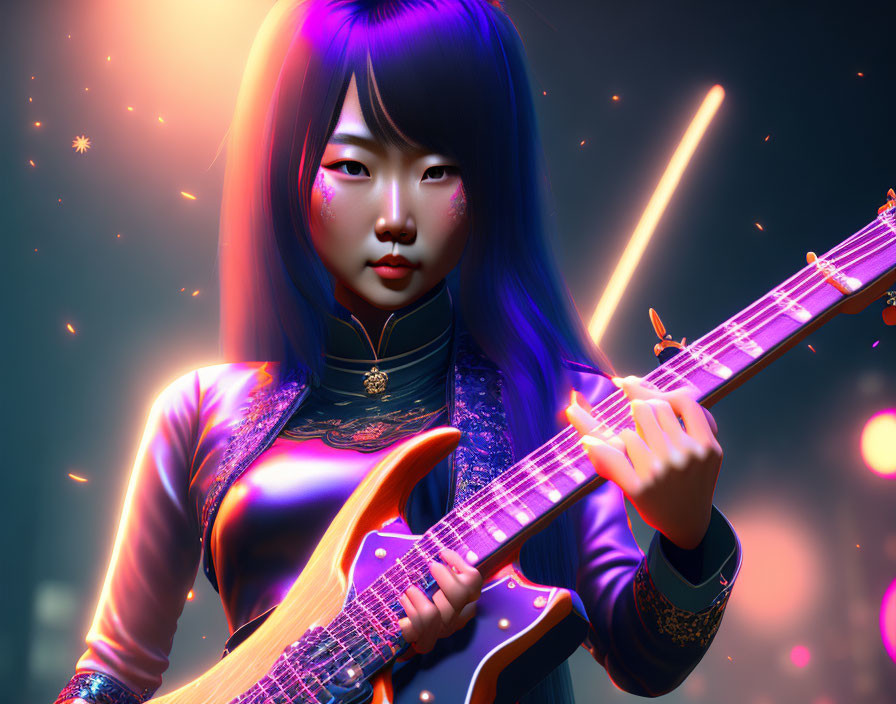 Digital Artwork: Woman with Blue Hair Playing Electric Guitar surrounded by Vibrant Lights