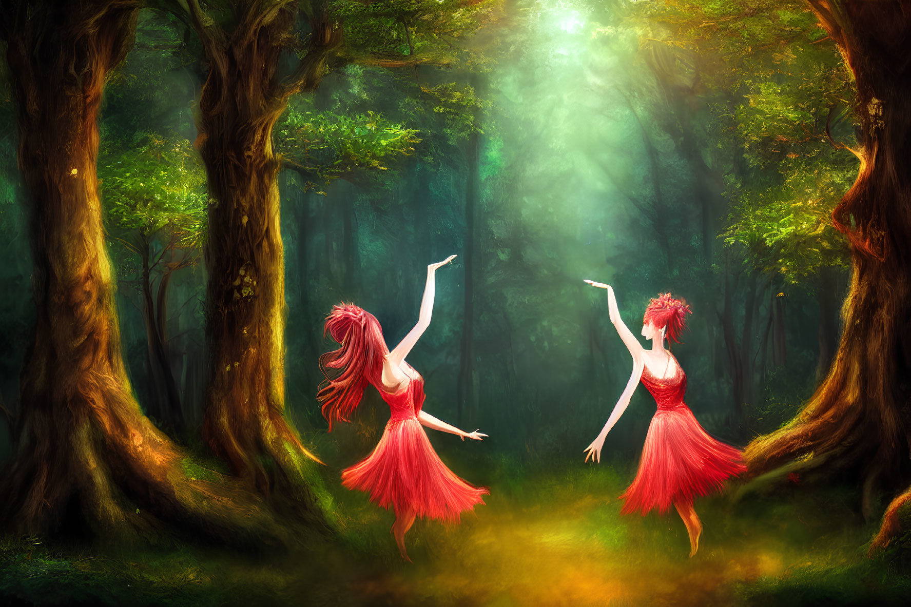 Ethereal figures in red dresses dancing in enchanted forest landscape