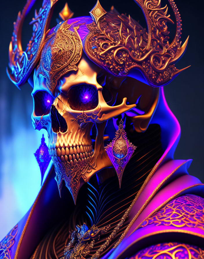 Decorated Skull with Glowing Blue Eyes and Gold Filigree on Blue Purple Background