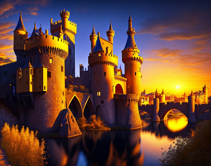 Majestic castle with towers by lake at sunset