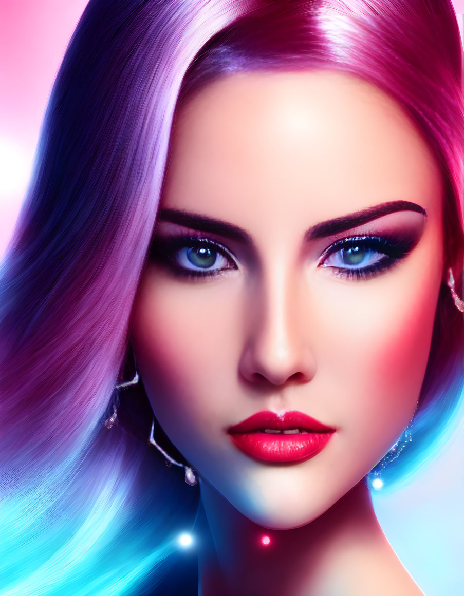 Portrait of woman with purple-pink hair, blue eyes, bold makeup, and earrings on colorful backdrop