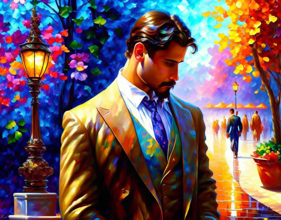Vibrant painting of pensive man in suit on tree-lined path
