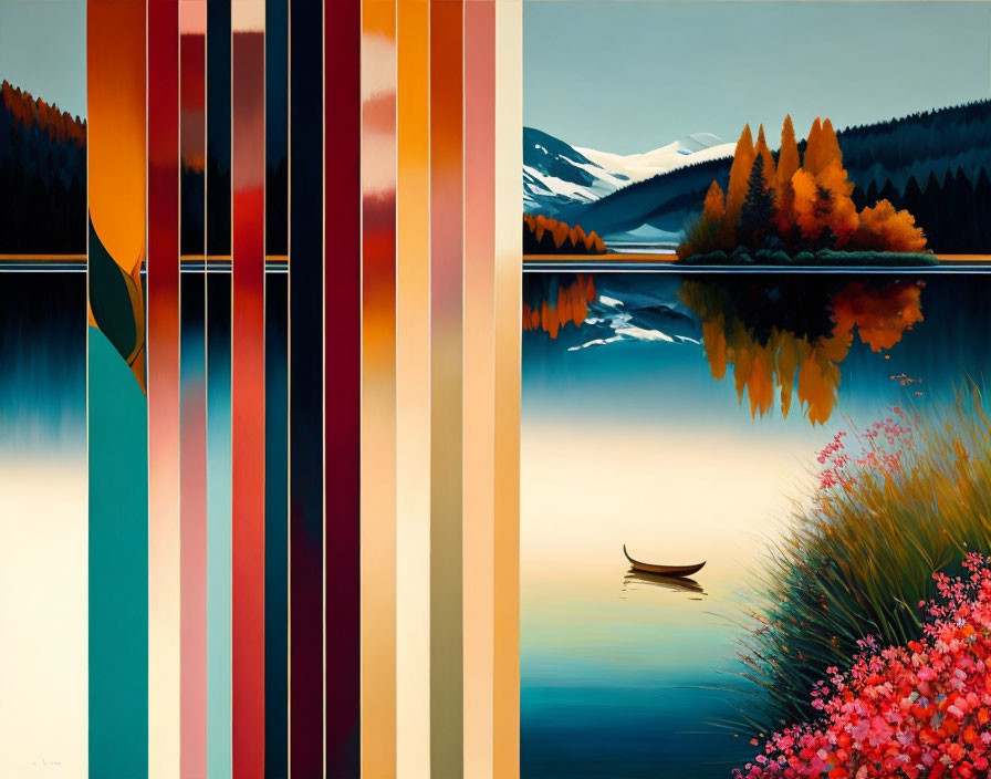 Stylized painting of serene lake with vertical color stripes, mountains, trees, and boat