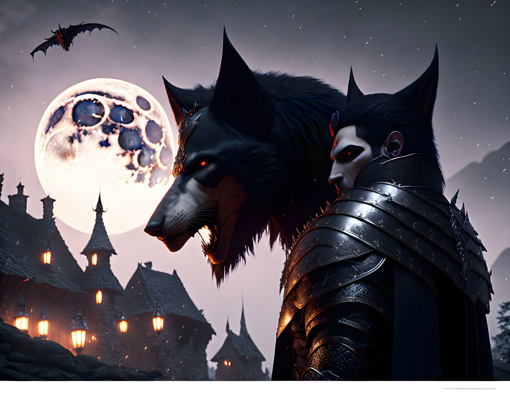 Gothic vampire, wolf, and dragon under full moon in medieval setting
