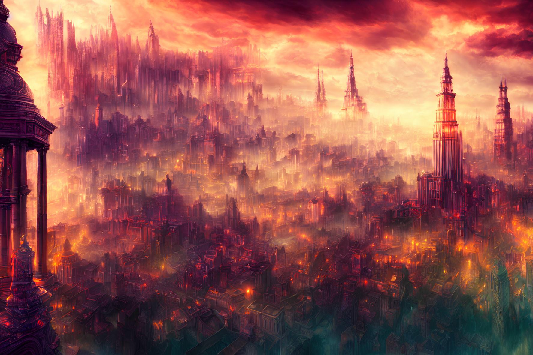 Majestic sunset cityscape with glowing spires and mystical fog