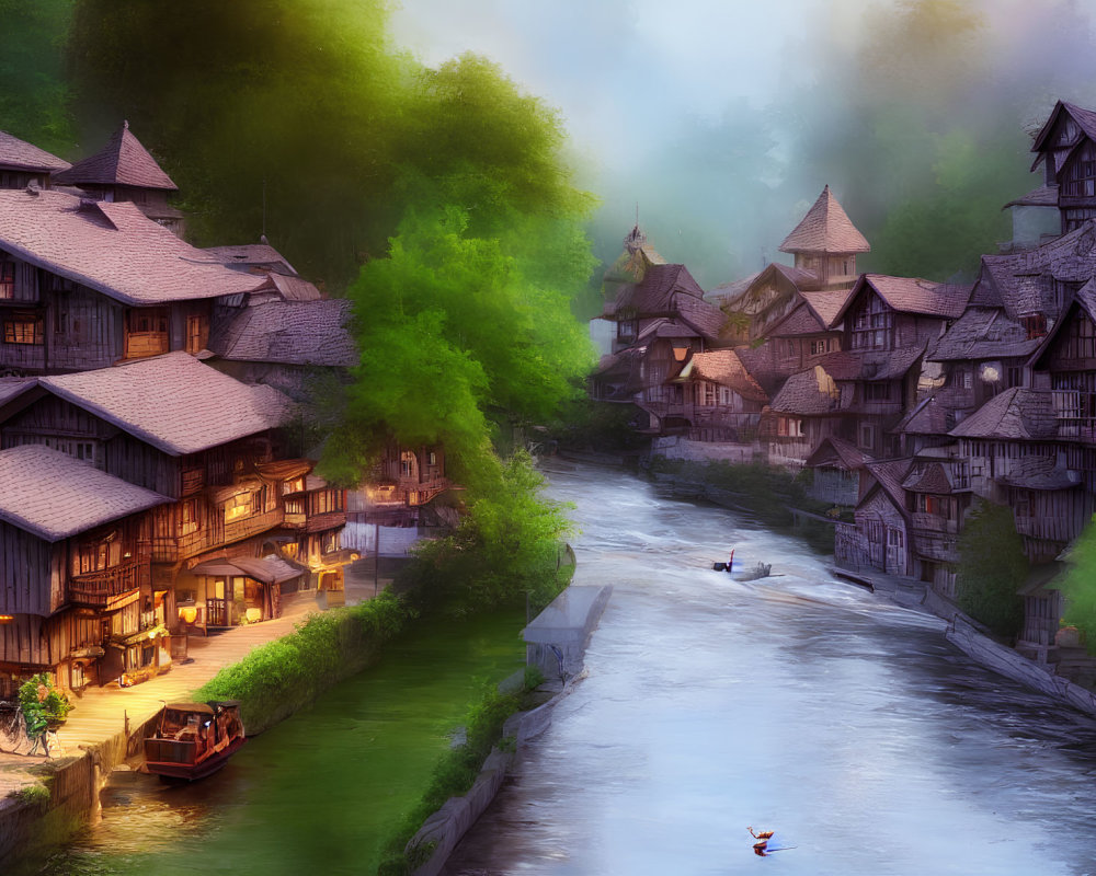 Traditional wooden houses in serene village by river with warm lights, lush greenery, and boat.