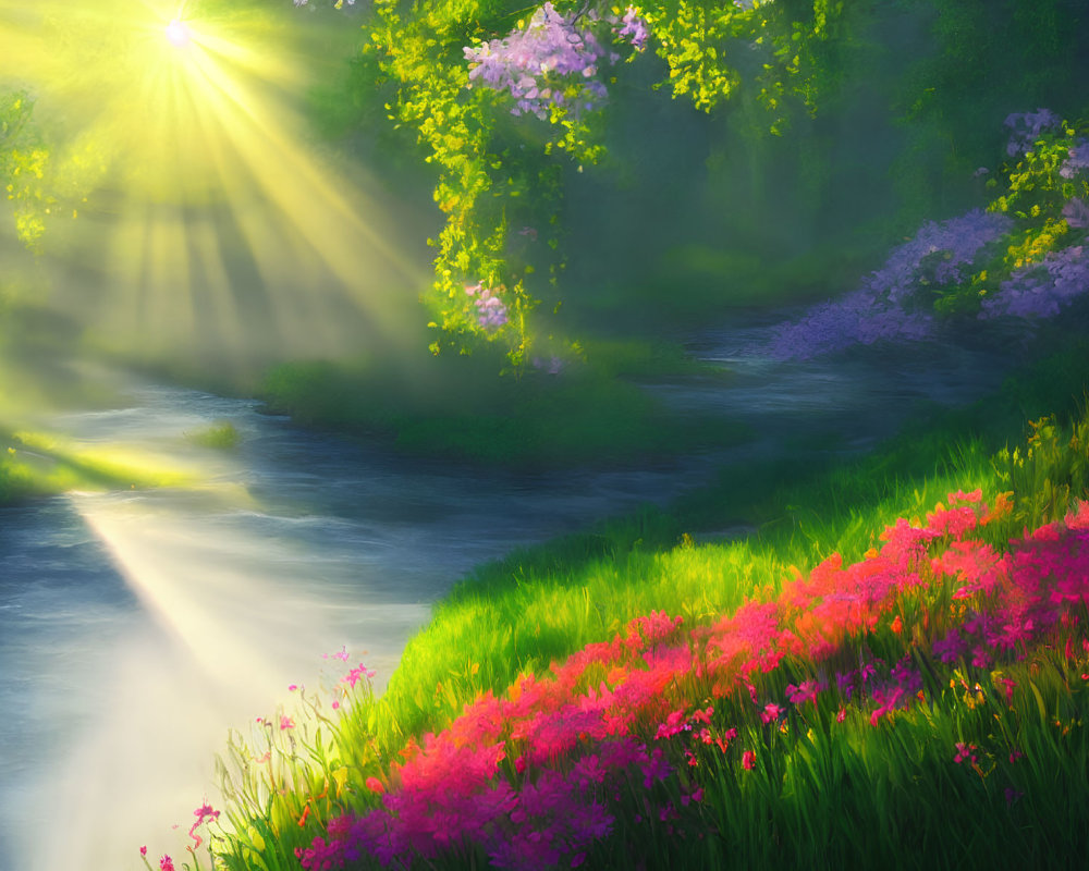 Tranquil landscape with pink wildflowers by a serene river