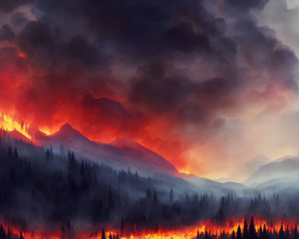 Vast forest fire scene with towering flames and thick smoke