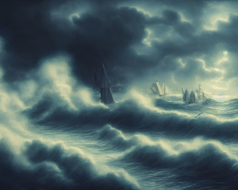 Sailing Ships in Stormy Sea with Lightning Sky