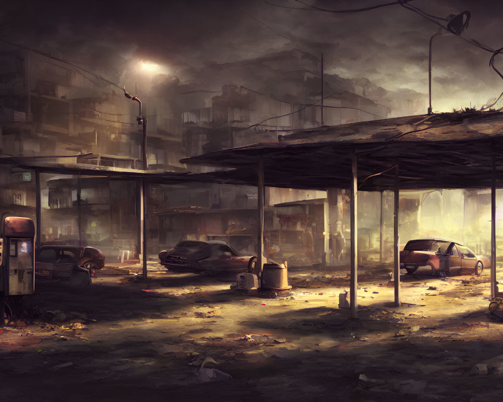 Desolate post-apocalyptic urban landscape with abandoned cars and dilapidated buildings