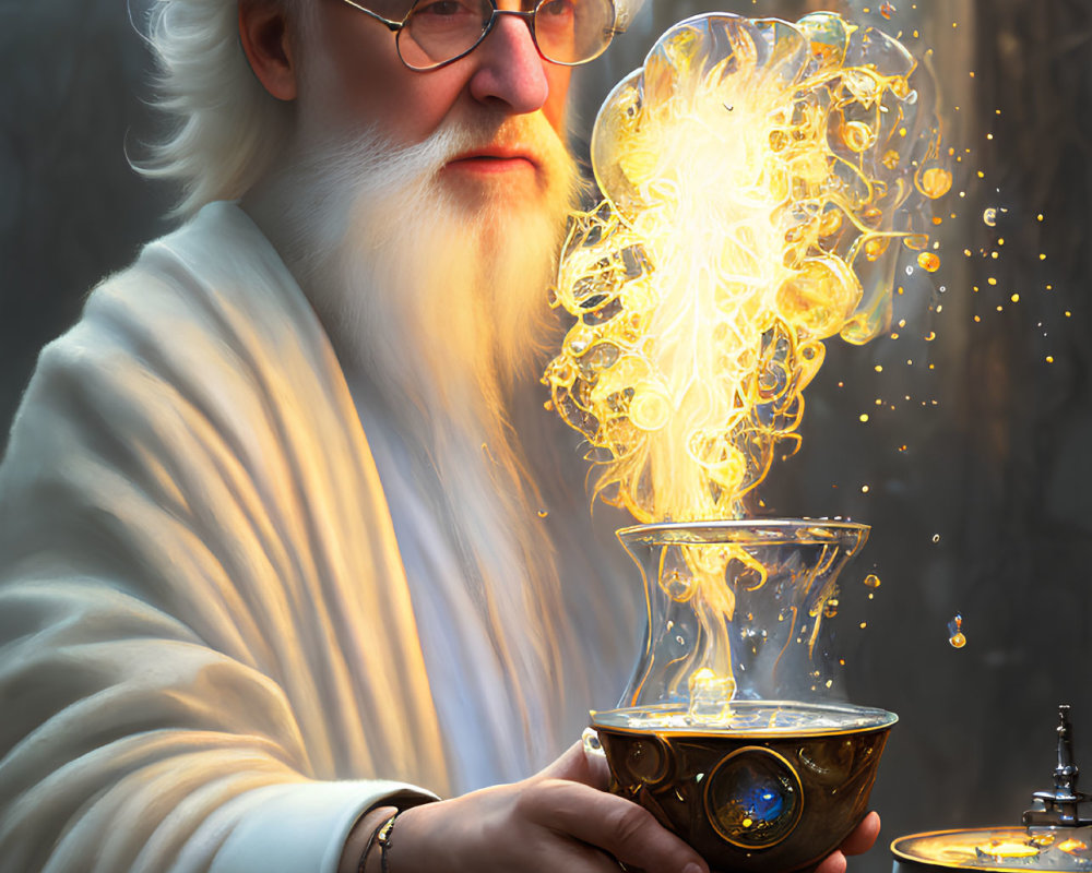 Elderly wizard conjures magical substance in mystical forest