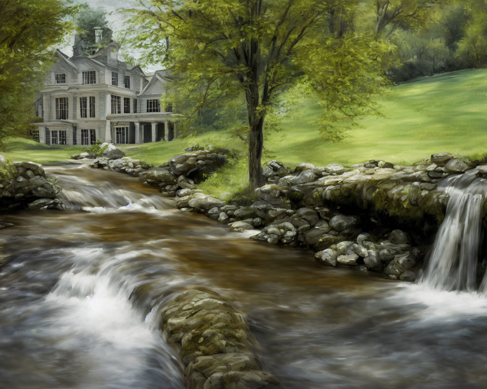 Tranquil landscape with grand house, lush greenery, stream, and waterfall