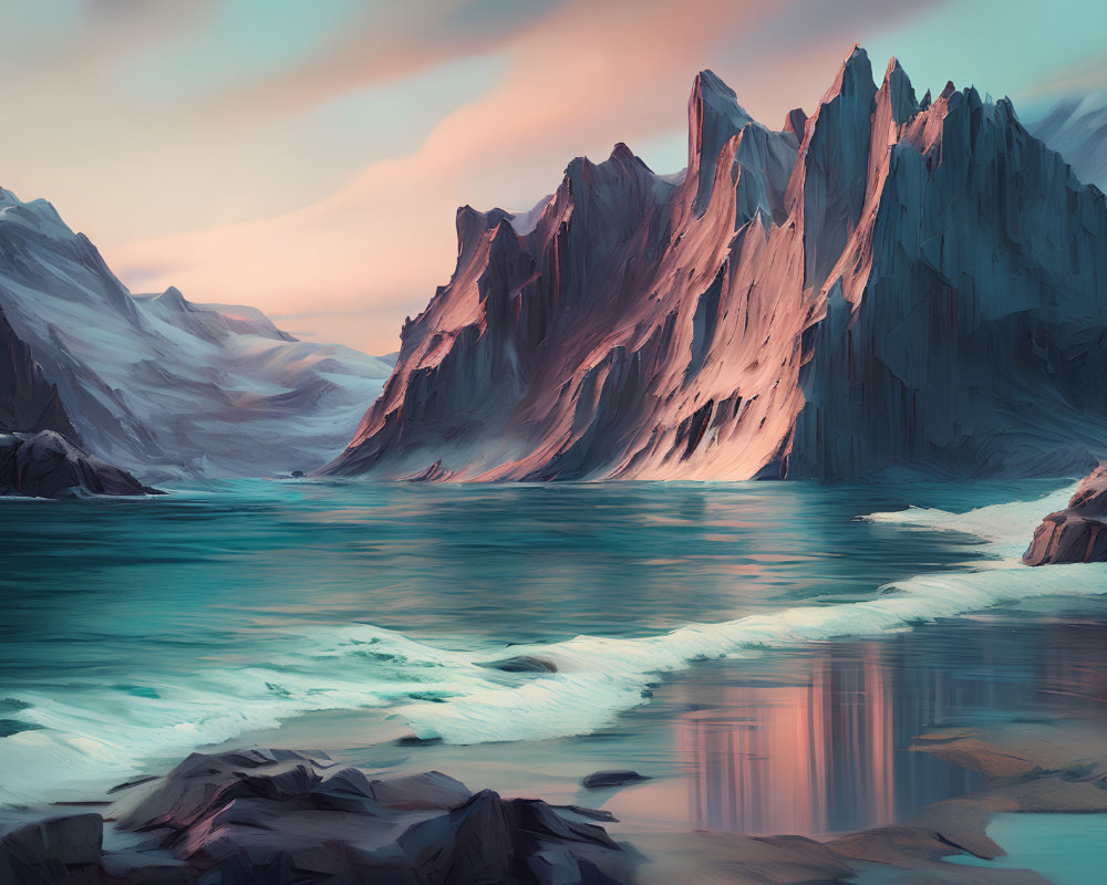 Tranquil digital painting of majestic mountain peaks by calm turquoise waters