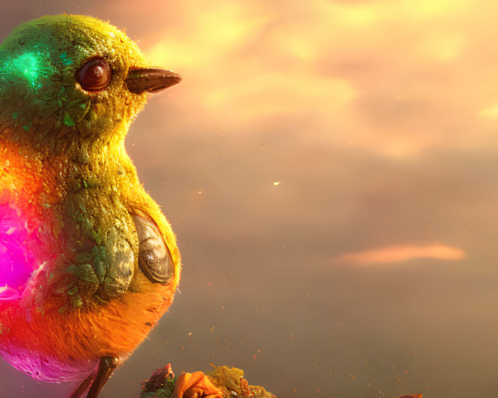 Colorful plump bird on flower mound under warm sky